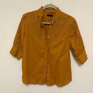 J.Crew Embroidered Eyelet Ruffle Sleeve Top Mustard Yellow S whimsical boho chic